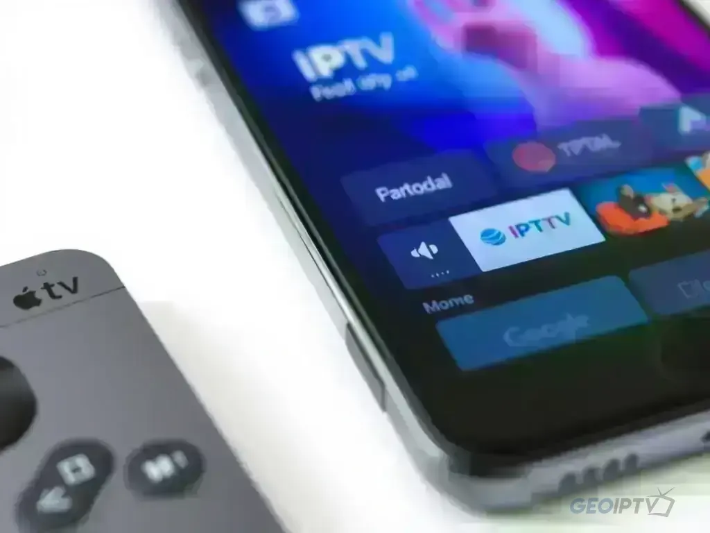 iPhone screen showing IPTV app interface with Apple TV remote